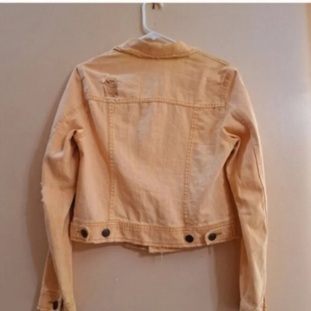 Free People Cotton Yellow Mustard  Distressed  Denim Jean Jacket Sz 8 Boho - Picture 3 of 5